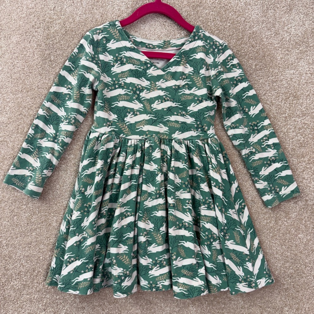 MINI BODEN Bunny Dress Girls 4 4T 5 5T Green Long Sleeve Cotton Easter